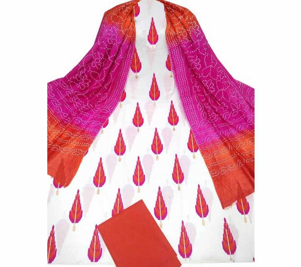 Unstitched White and Orange-Pink  Cotton Screen Printed Salwar Kameez for Women