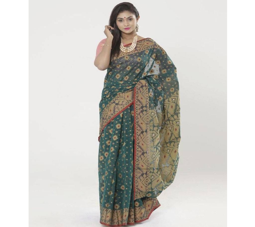 Drak Green Full Cotton Shahdadpur Jamdani Saree For Women