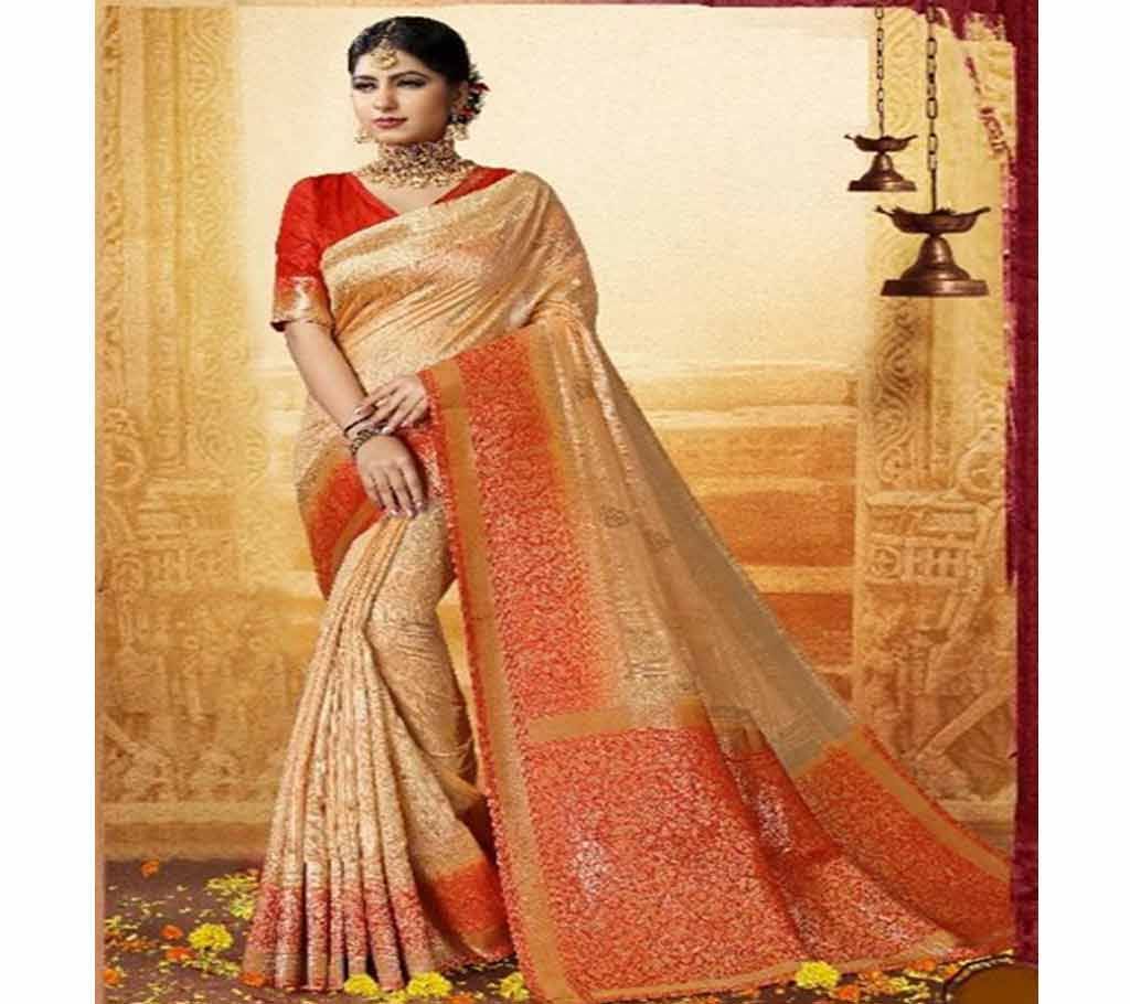 Cream, Orange and Golden Embroidery Work Katan Saree For Women 