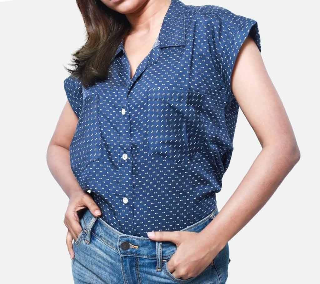 Ladies Short Sleeve Cotton Shirt-Navy Blue