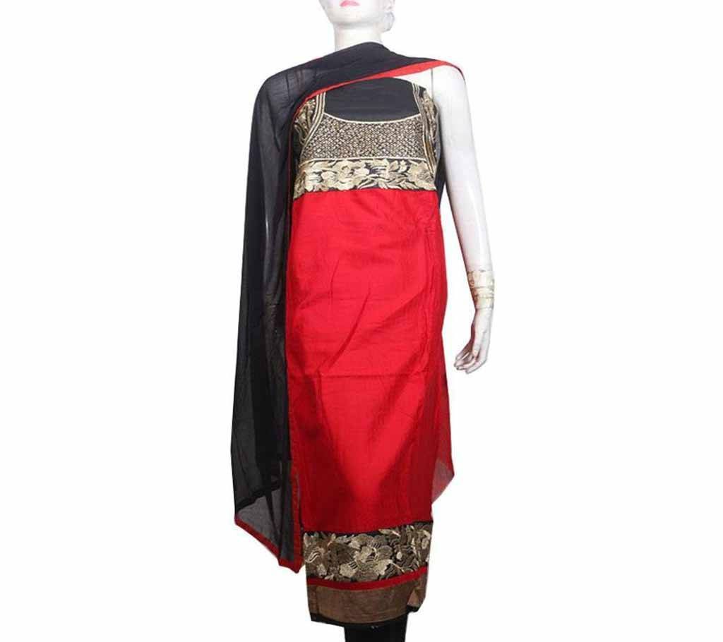 Unstitched Cotton Salwar Kameez Three Piece - Red 