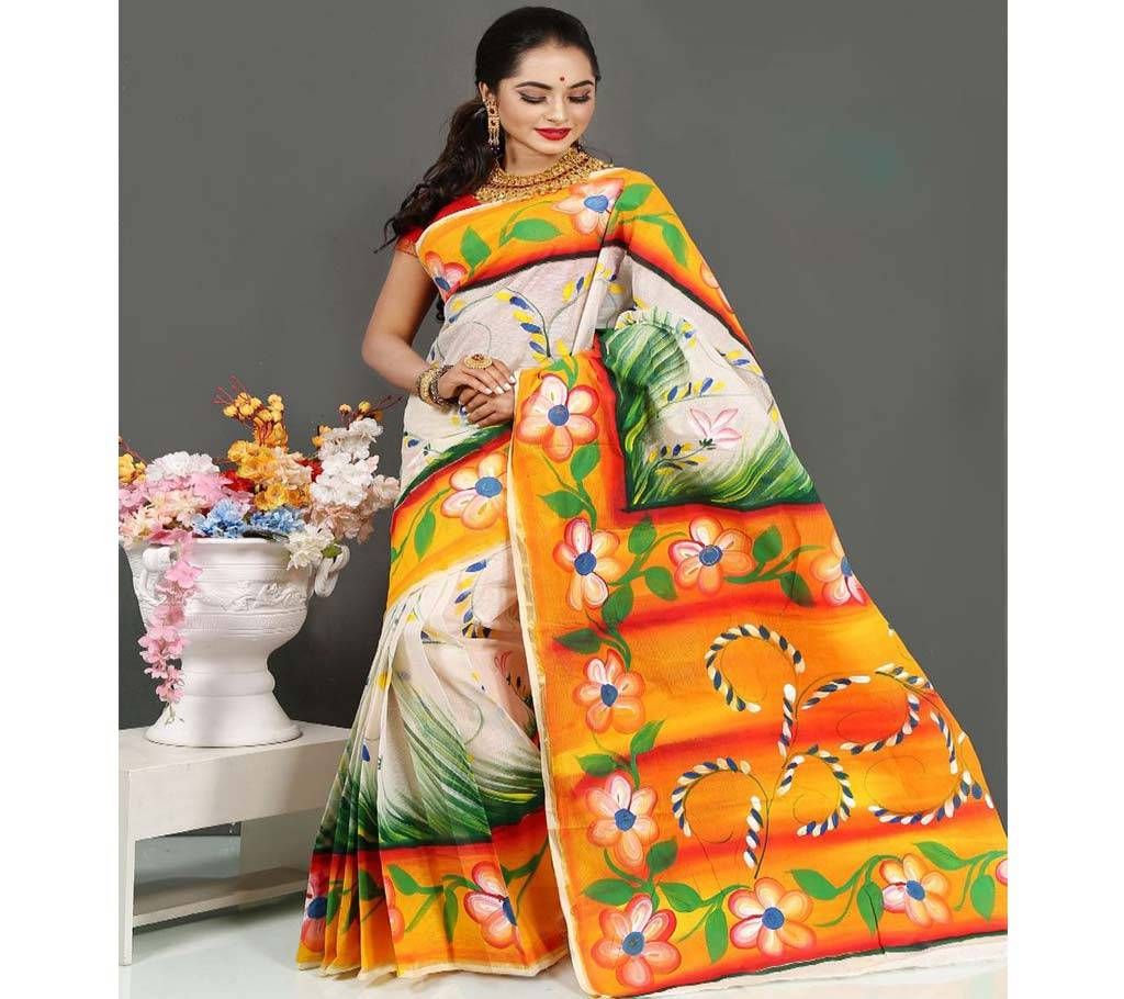 Pure Deshi Beautiful Sharee - Off White with Orange and Green Flower Design