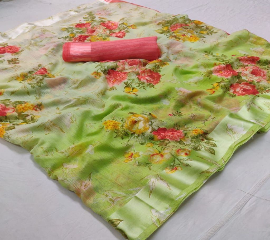 Soft Linen Silk Sharee - 5 - Lime Green