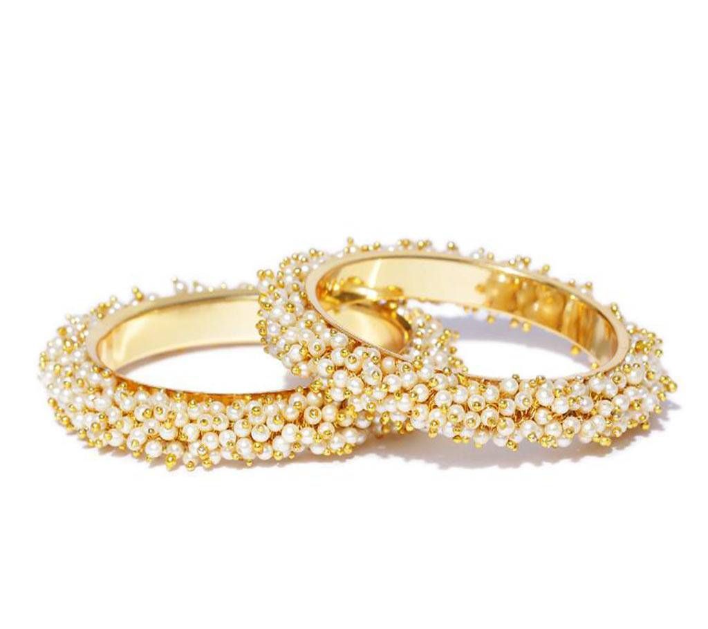 Set of 2 Off-White & Gold-Toned Beaded Bangles