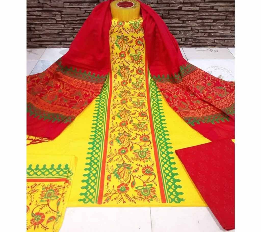 Unstitched Yellow And Red Cotton screen Printed Salwar Kameez for Women