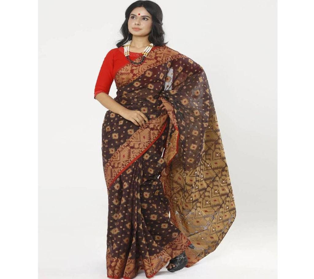 Deep Chocolate Color Full Cotton Shahdadpur Jamdani Saree For Women