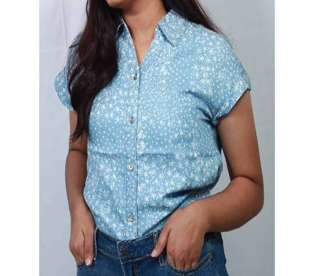 Ladies Short Sleeve Cotton Shirt-Sky Blue