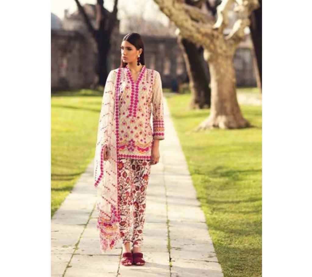 Samira Fashion Mina Hasan Cambric Print Embroidery Off White with Pink Mix 3pc(C-SU-424)
