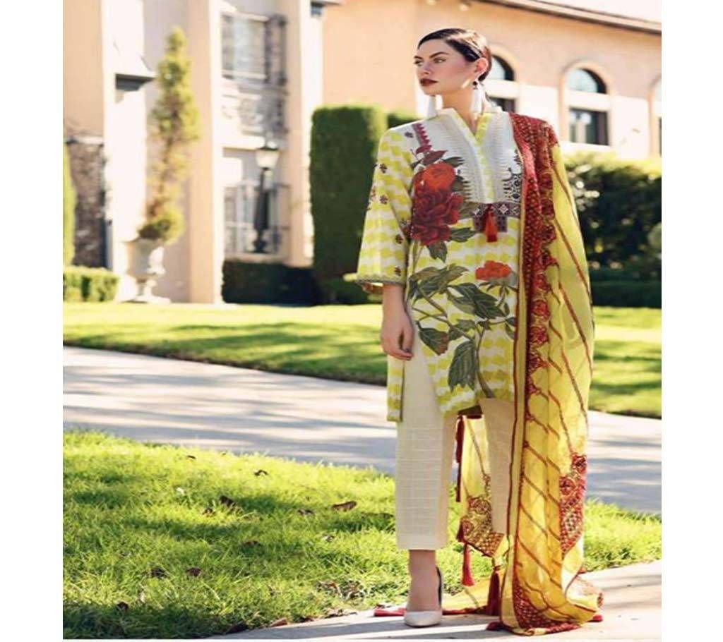 Unstitched Shraddha Zeenat Vol 1 Cotton Satin Lime Green Box design with White 3pc