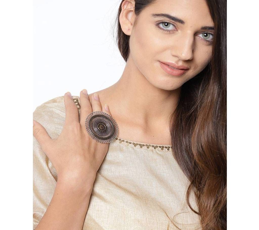 Women Oxidised Silver-Toned & Antique Gold-Toned Tribal Textured Adjustable Ring