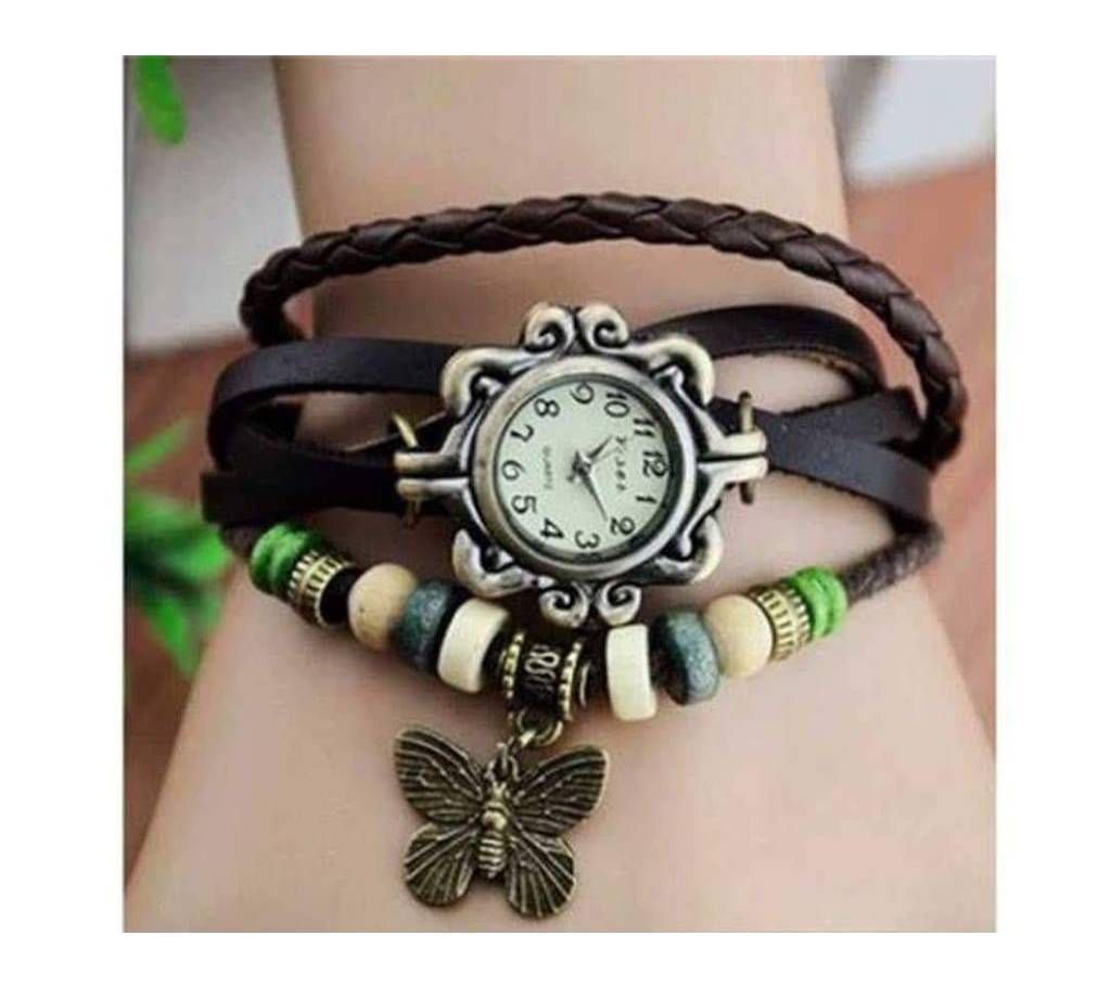 Womens Bracelet Vintage Weave Wrap Quartz PU Leather Leaf Beads Wrist Watches