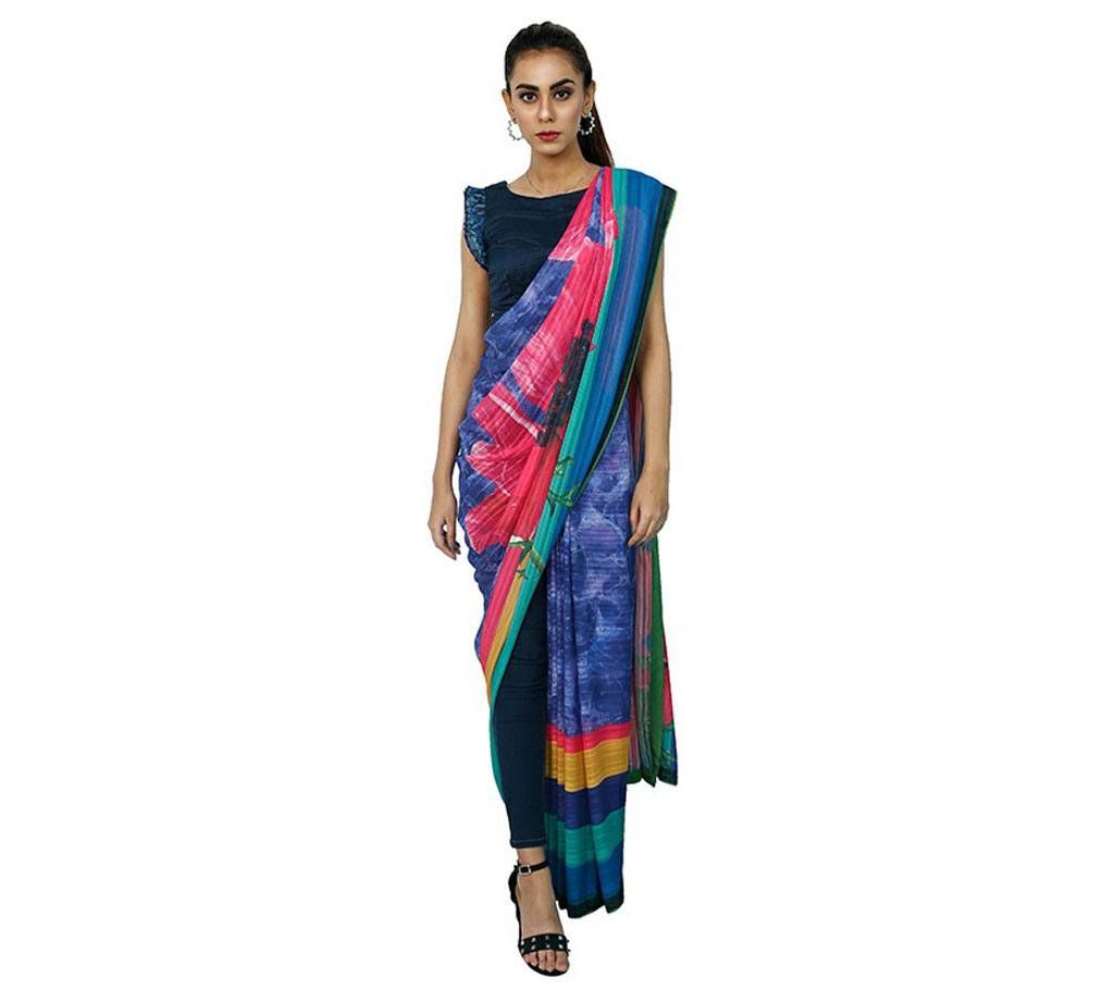 Denim Blue color (rose print) - Georgette-Saree (KPOSE88B)