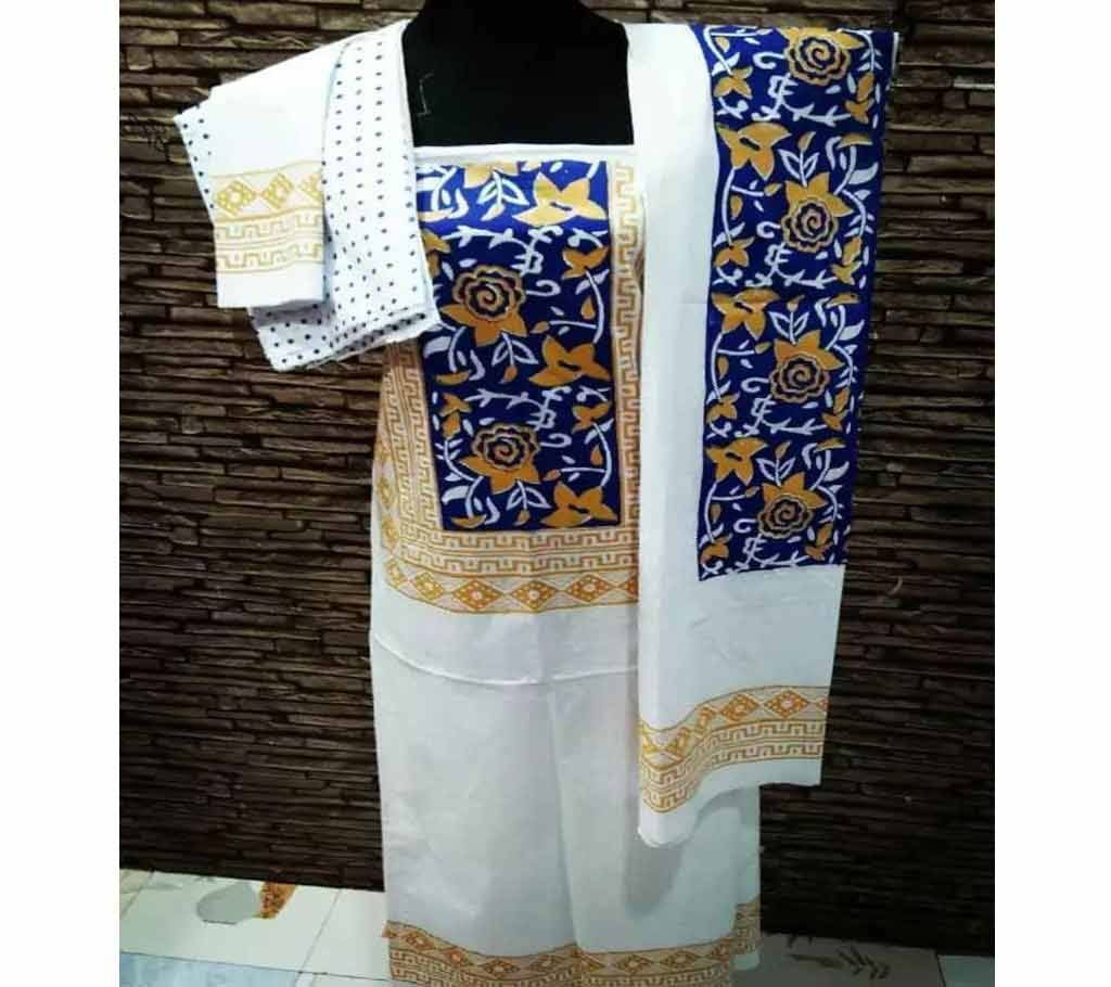 Unstitched White And Blue Cotton screen Printed Salwar Kameez for Women