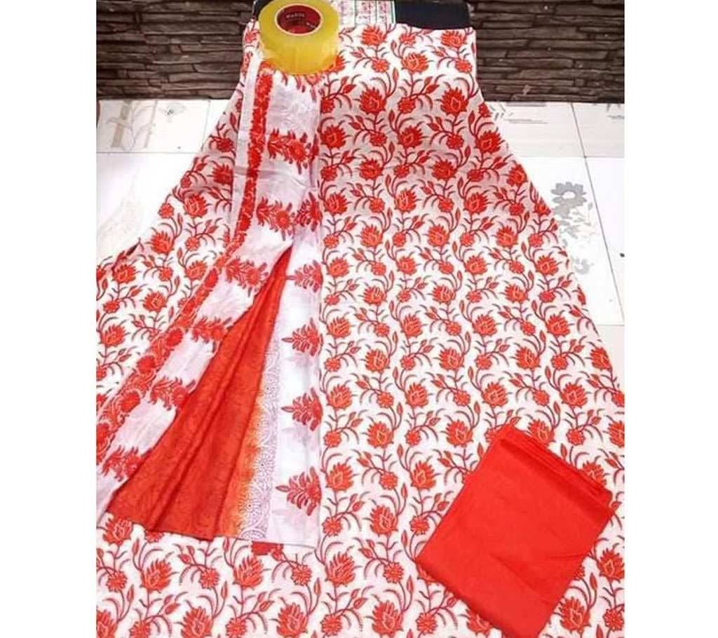 Unstitched White and Orange Color Cotton screen Printed Salwar Kameez for Women