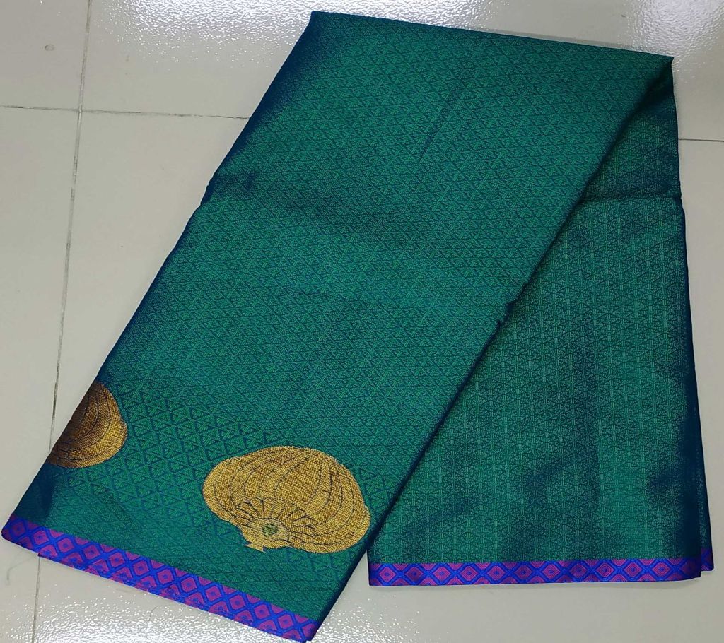 katan Green Saree with Golden Anchal - ASI