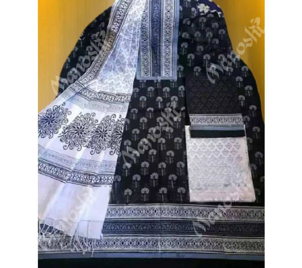 Unstitched Block Printed Three Piece for Women Full Black Color