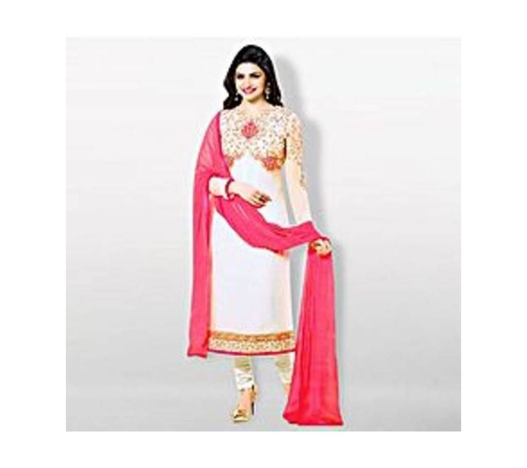 Unstitched White and Pink Santoon Salwar Kameez For Women