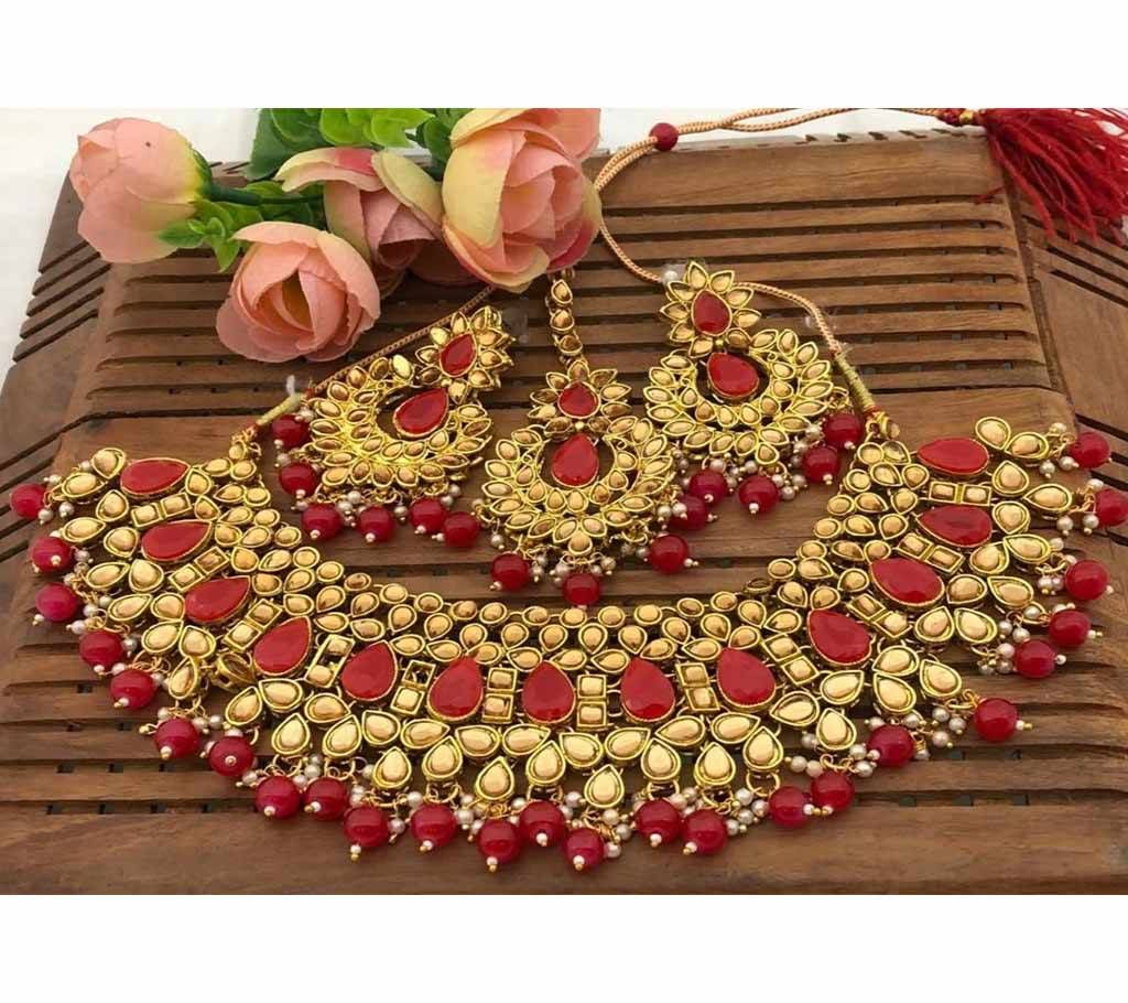 Dabbi Kundan Choker Set 18 Yellow Golden with Dark Red Muktas