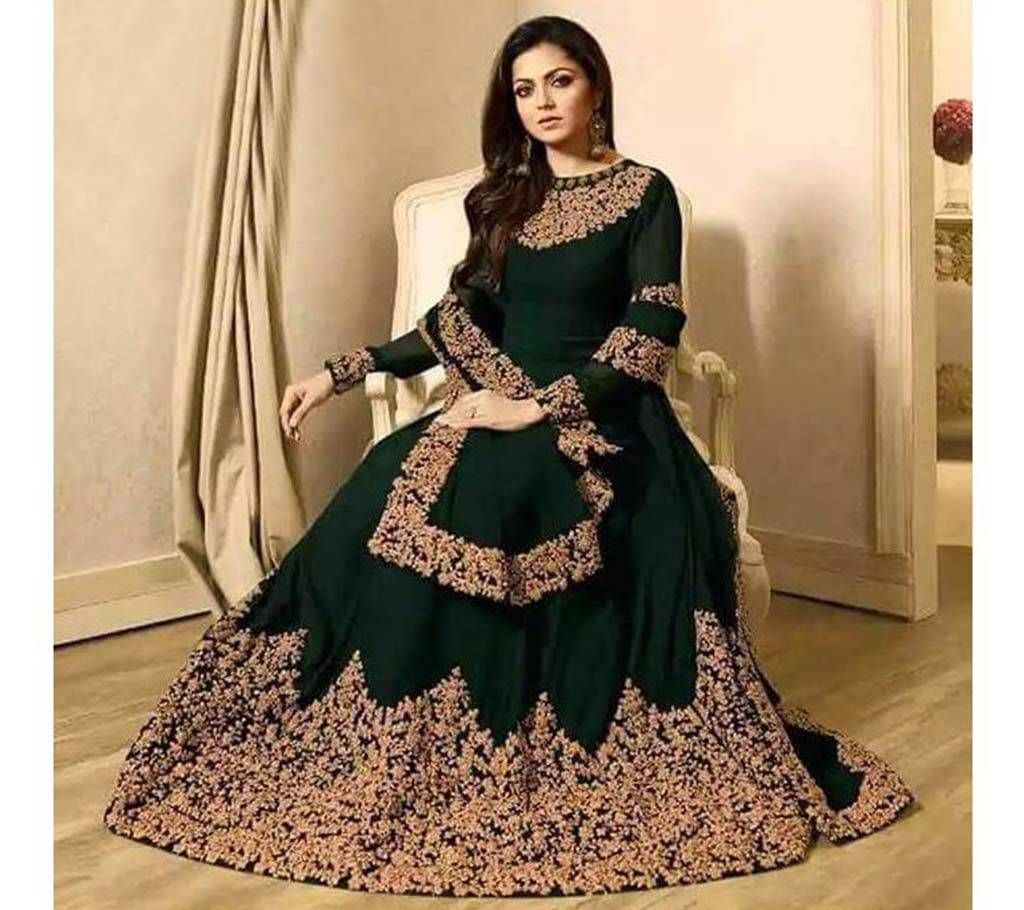 Unstitched Dark Green and Golden  Gown For Women