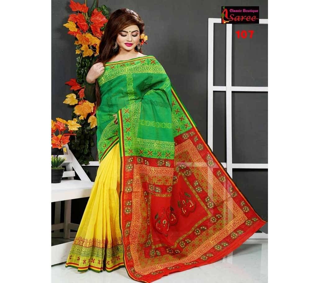 BLOCK AND EMBROIDERY  MUSLIN SILK SAREE