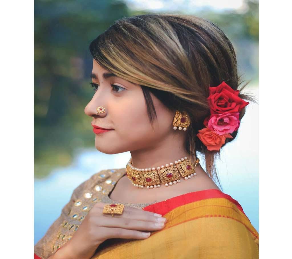 Handmade Gold Platted Choker Set With Earrings and Tikli