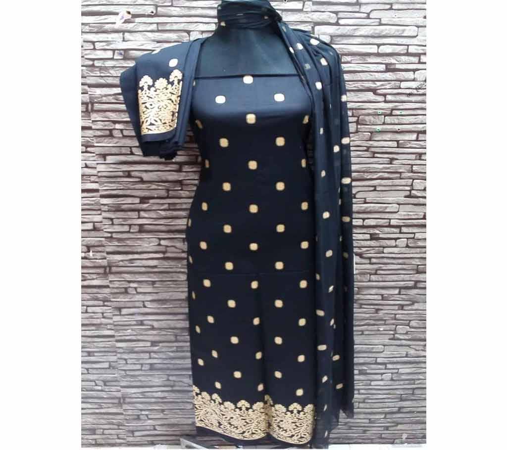 Unstitched Black Cotton Hand Printed Salwar Kameez for Women