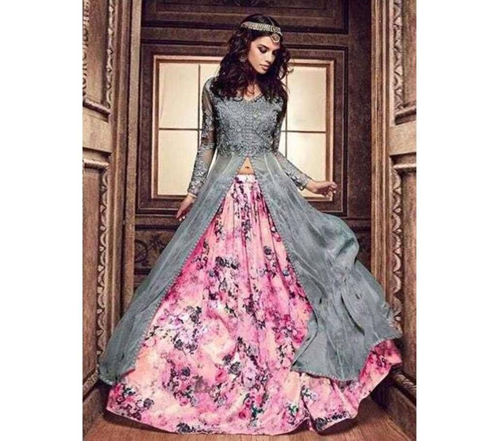 Unstiched Hot Pink and Corn Flower Blue Georgette Gown For Women