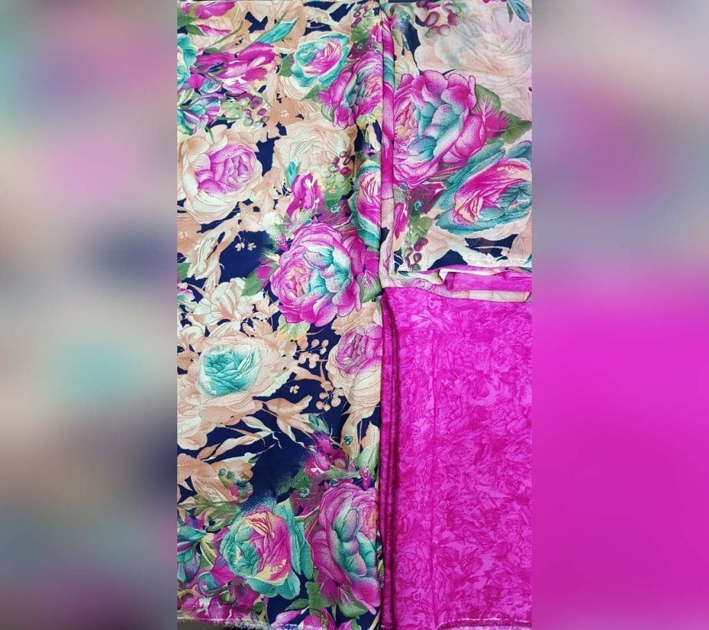 Navy & Multi Magenta Rose Design with Magenta Salwar Unstitched Bishal Candy Georgette 3 Piece - 03 - RAF