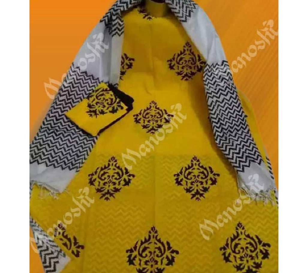 Unstitched Block Printed Three Piece for Women Deep Yellow Color