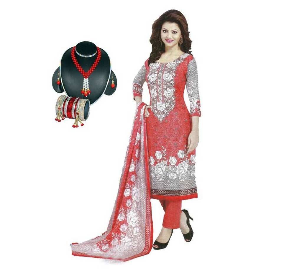 Unstitched Printed cotton three piece (Copy) + Necklace Set Combo
