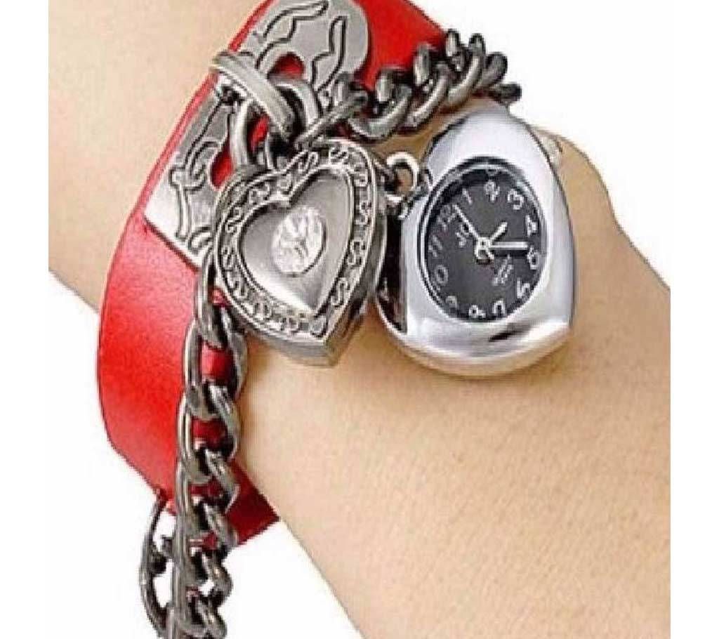Analog Bracelet Watch for Women- Silver & Red