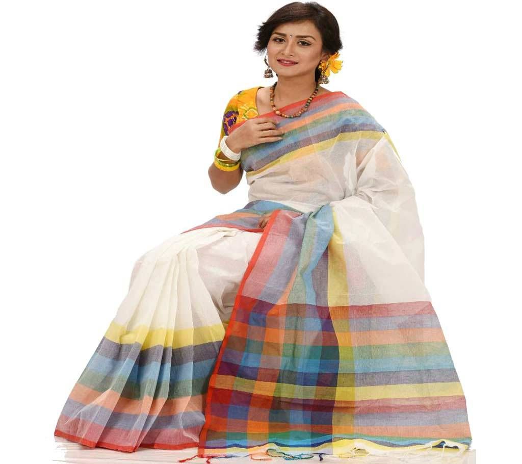 White Taant Cotton Saree With Blouse Piece
