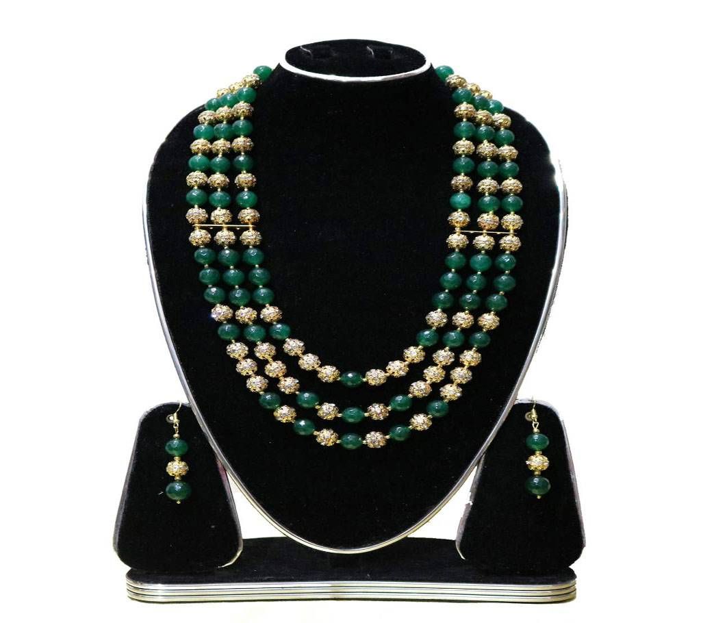 Green Stone & Golden Metal Ball Necklaces Set