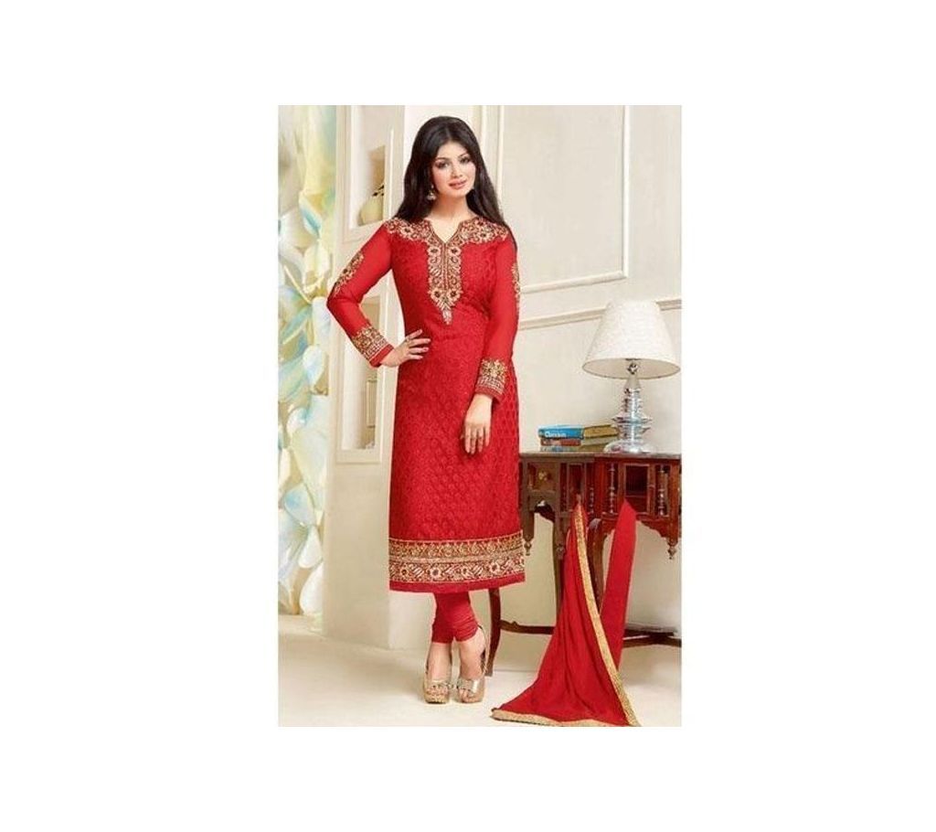 Unstitched Red Cotton Unstiched Block Printed Salwar Kameez For Women