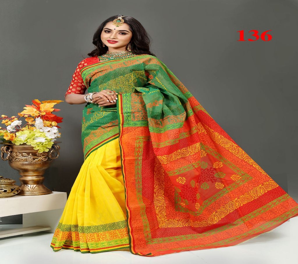 Pure Deshi Beautiful Sharee - 136 - Forest Green with Yellow and Red Orange Part and Design in Paar and Anchol