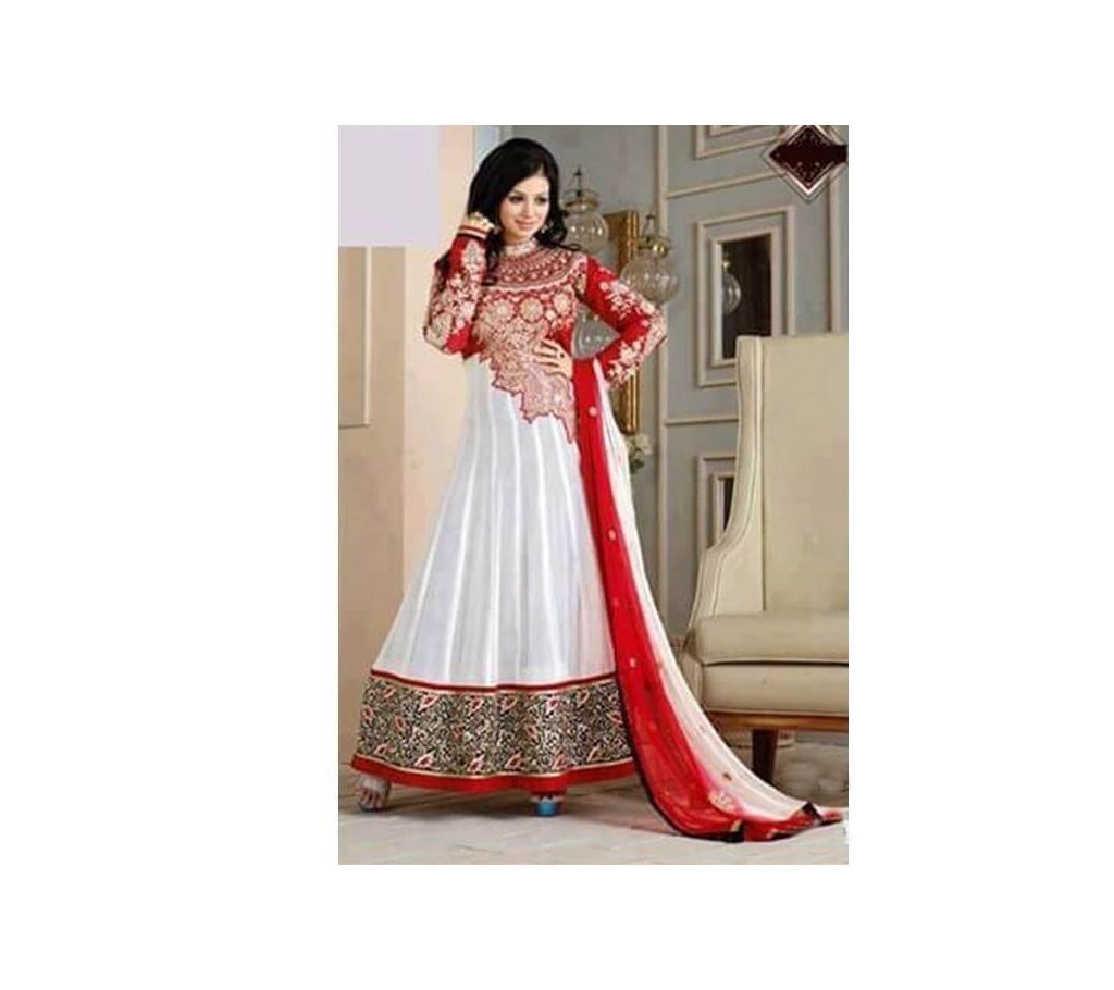 White and Red Georgette Semi Stitched Long Dress for Women
