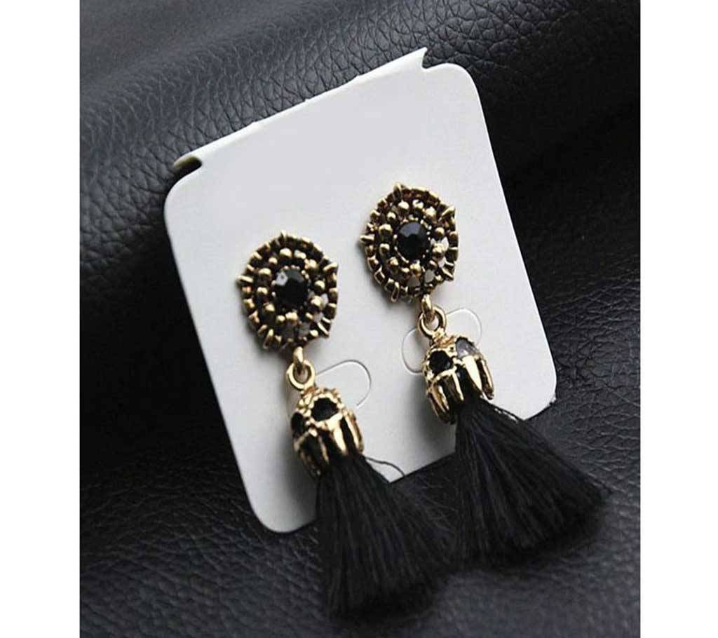 Tassel Earrings Boho Bohemian Long Silk Fabric Dangling Earrings Black