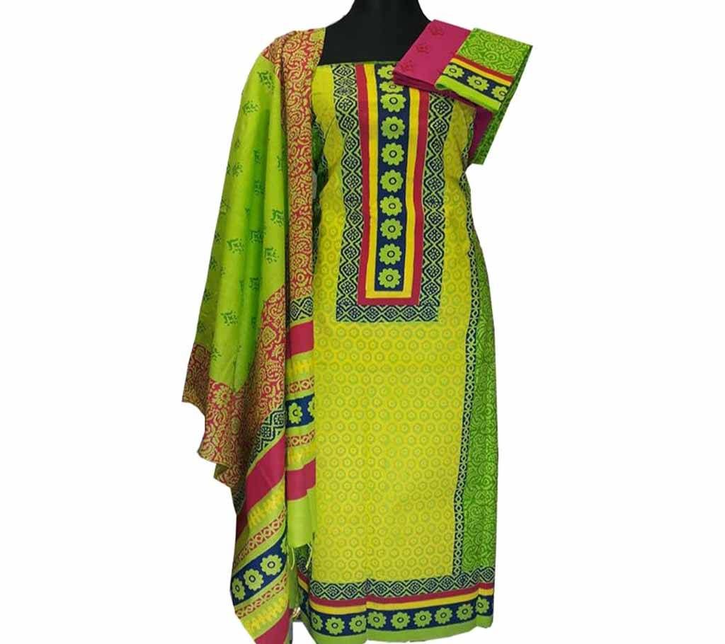 Unstitched Light Green Cotton Block Printed Salwar Kameez for Women