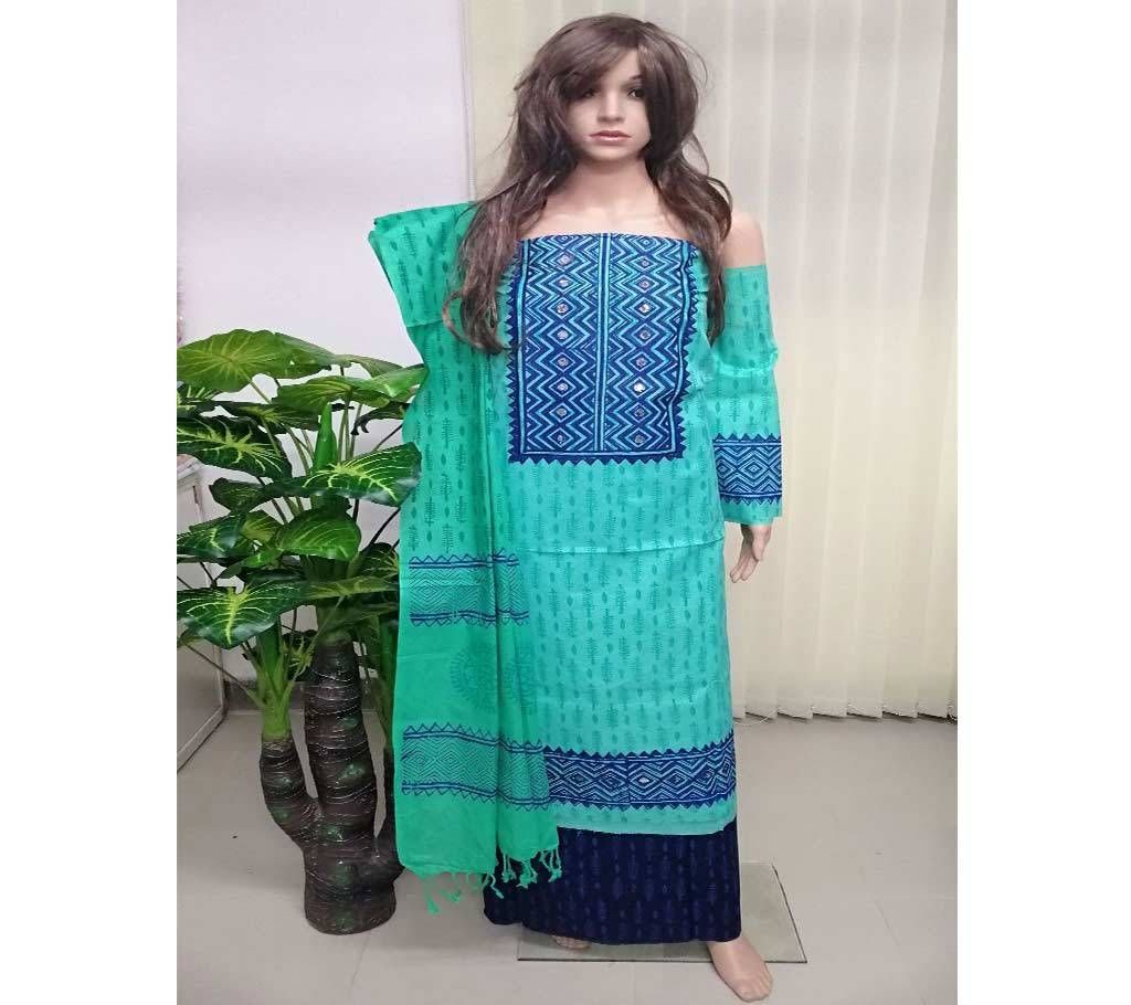 Unstitched Cotton Block & Embroidery Three Piece