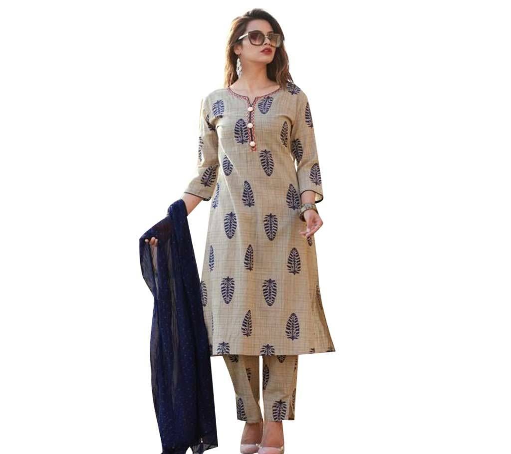 Unstitched Block Printed Cotton 3Piece Tan Color