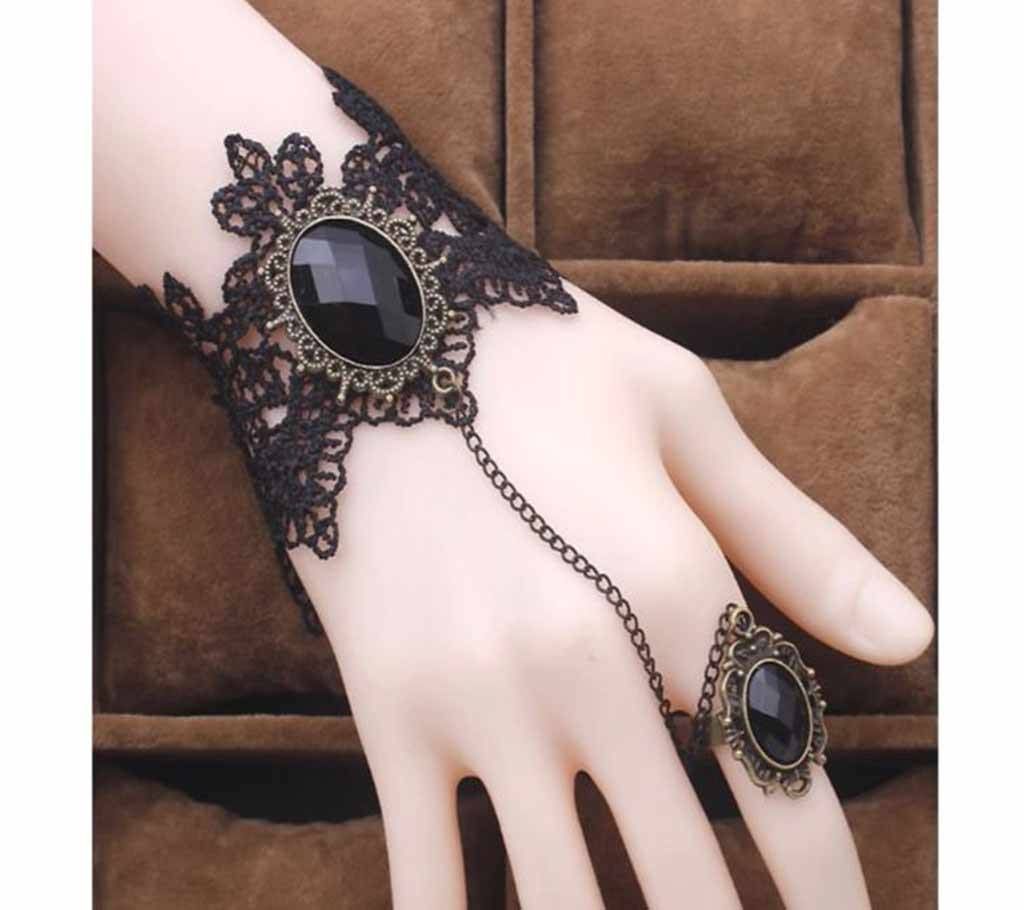 Free Size Black Artificial Gem Lace Bracelet Ring