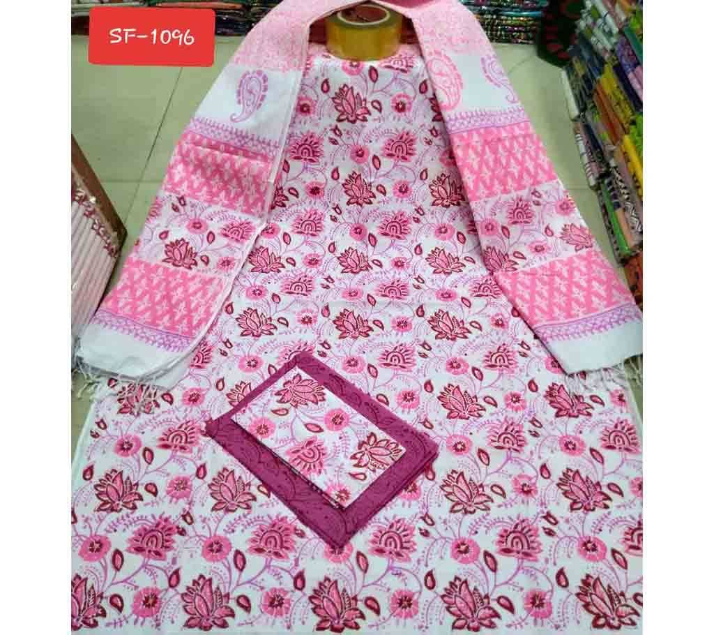 Block Printed Unstitched Cotton Three Piece- Mix Color 