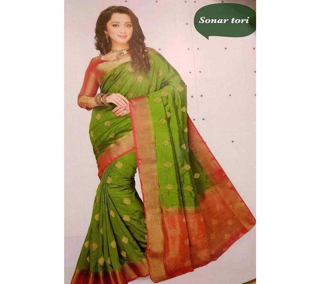 Green Katan Sharee With Blouse Pcs