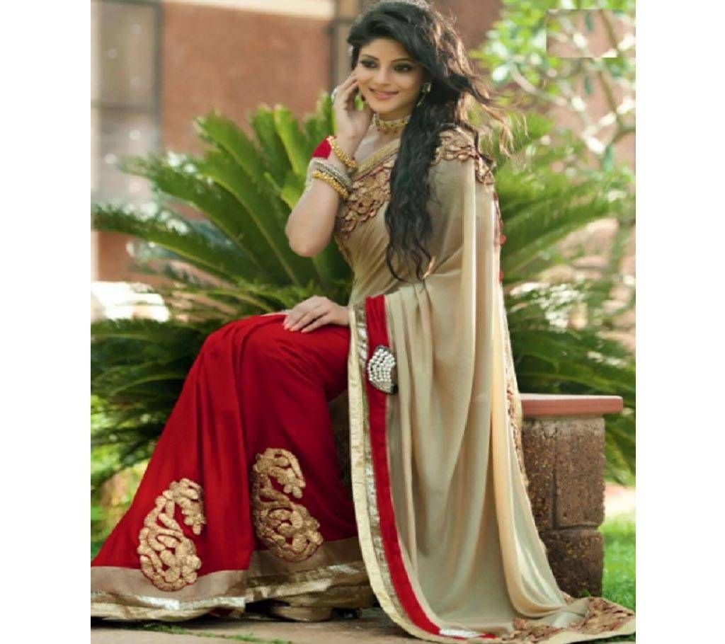 Beige and Red Georgette Saree With Blouse Piece
