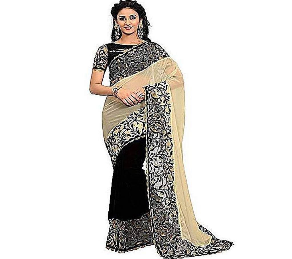 Pink Cats Black and Sandy Brown Georgette Saree for Women