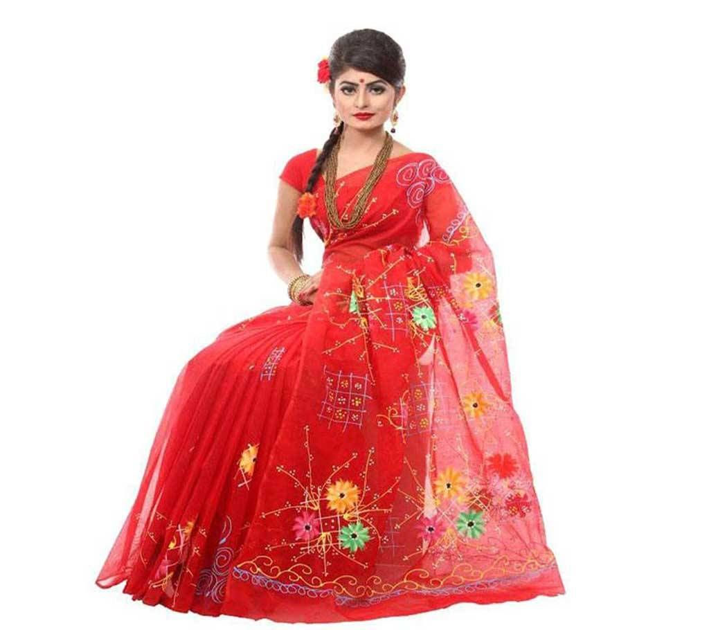 PURE RED MUSLIN SILK WITH BRUSH PRINT/HAND PRINT SAREE