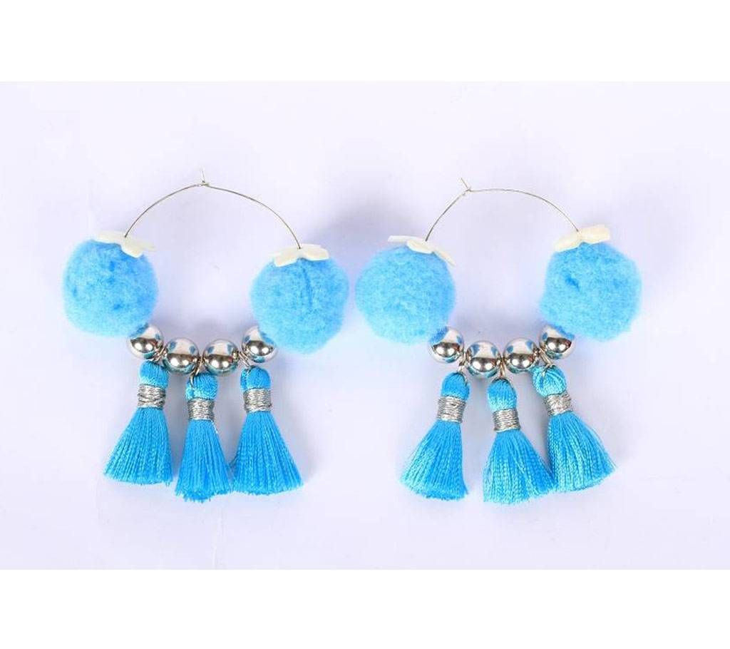 Blue Tribal Pom Pom with Silver Beads Earring 