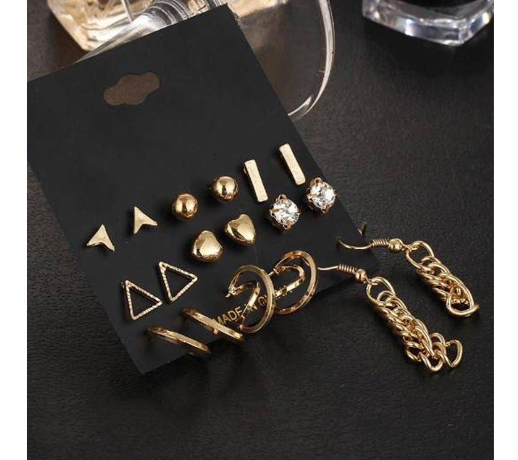 9 pcs/Set Crystal Heart Gold Color Stud Earrings