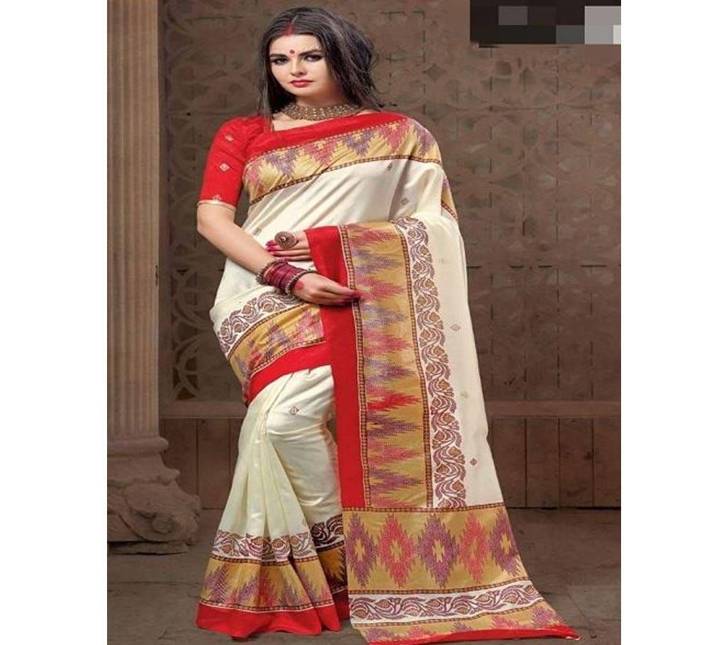 Kasturi Soft Silk Cream with Red with Big Gold Paar Saree