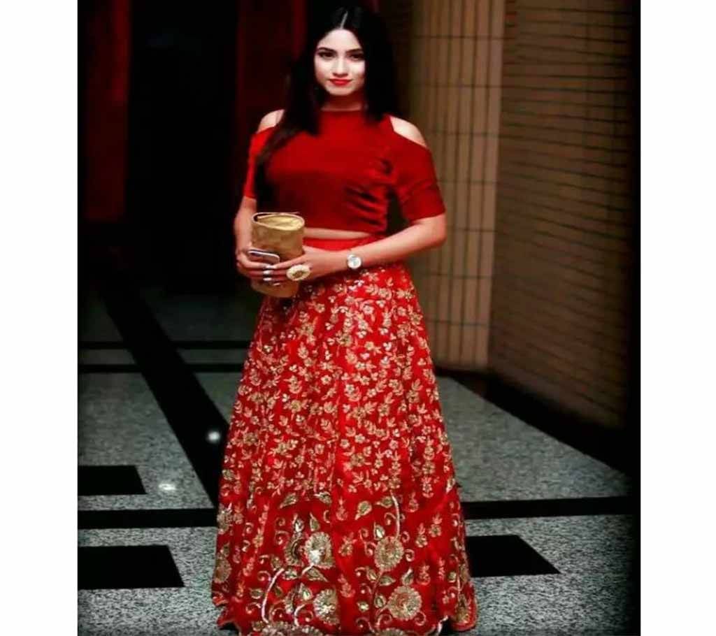 Unstitched Red Georgette Lehenga Suit for Women